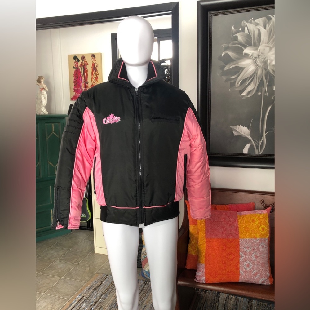 Black and Pink Ski Snow Jacket with Quilted Sleeves Vintage
